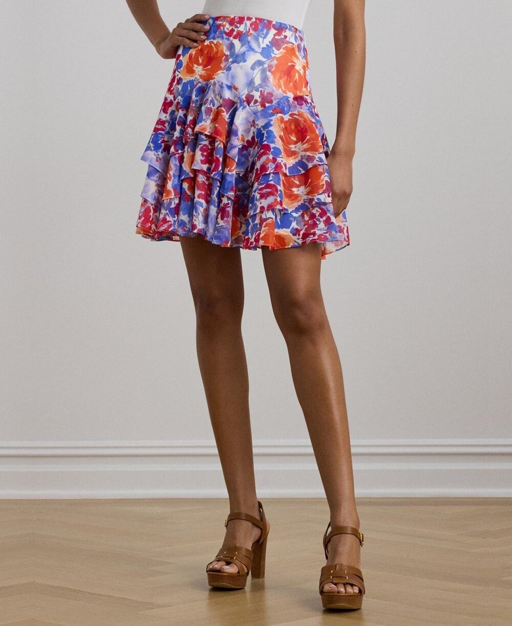 Lauren Ralph Lauren Floral Crinkle Georgette Tiered Skirt Multi Size 2 1949